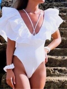 Zara White Ruffle Strappy One Piece Cheeky Swimsuit S Bathing Suit Bridal